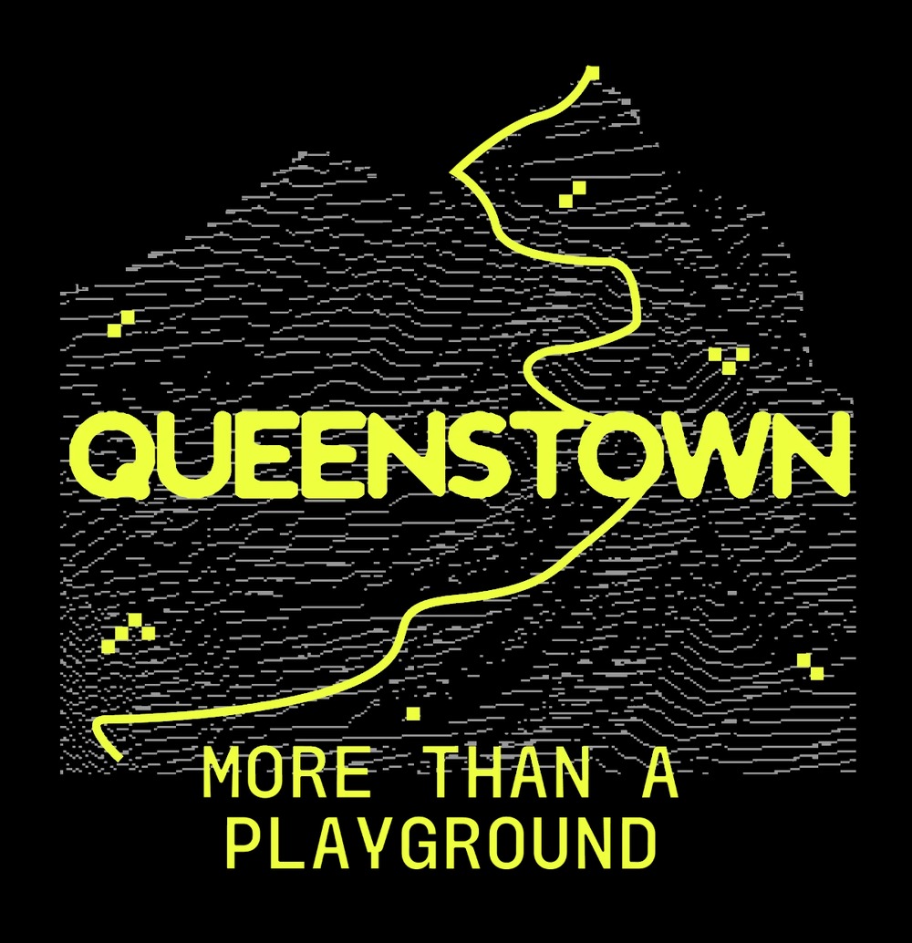 Queenstown, more than a playground: the campaign mark, a pixel-line mountain with the word Queenstown across it